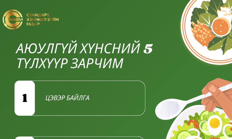  ЦЭВЭР БАЙЛГА
Яагаад чухал вэ?
Гар болон гадаргуу дээр нян амархан үржиж, хүнсийг бохирдуулдаг.
Хэрхэн хэрэгжүүлэх вэ?
•Гараа савандаж 20 секундээс доошгүй хугацаанд угаах
• Хоол хийхийн өмнө, дараа болон түүхий хүнстэй харьцсаны дараа гараа заавал угаах
• Гал тогооны ширээ, багаж, тоног төхөөрөмжийг тогтмол угааж, ариутгах
• Шавж, мэрэгч амьтдаас хүнсийг хамгаалах 